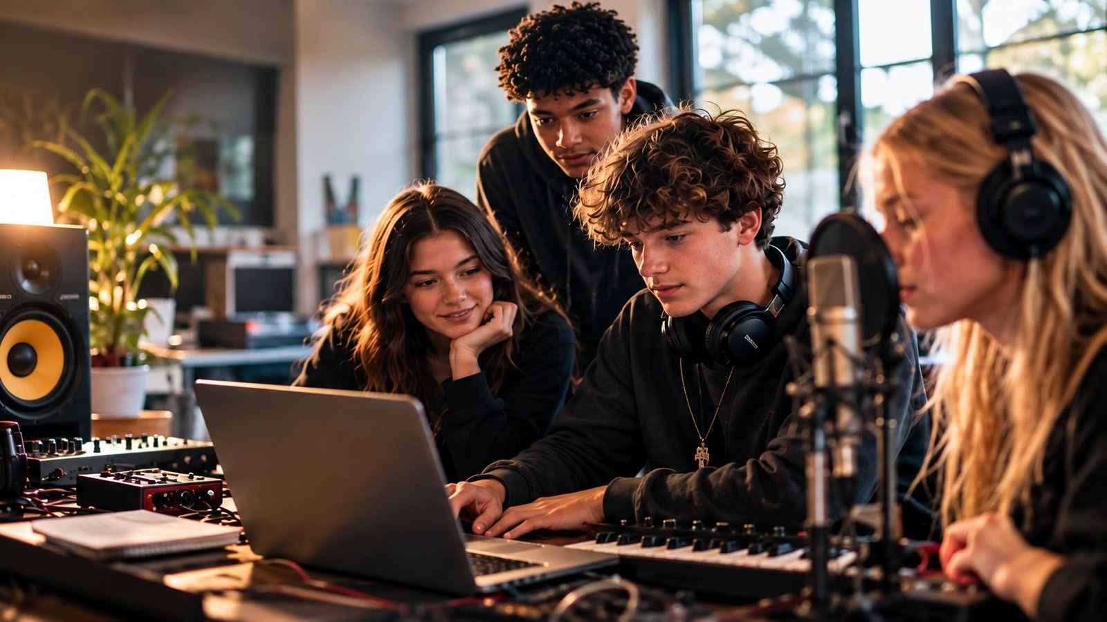 Secondary-age pupils collaborating on music production around a laptop, microphone and studio equipment.