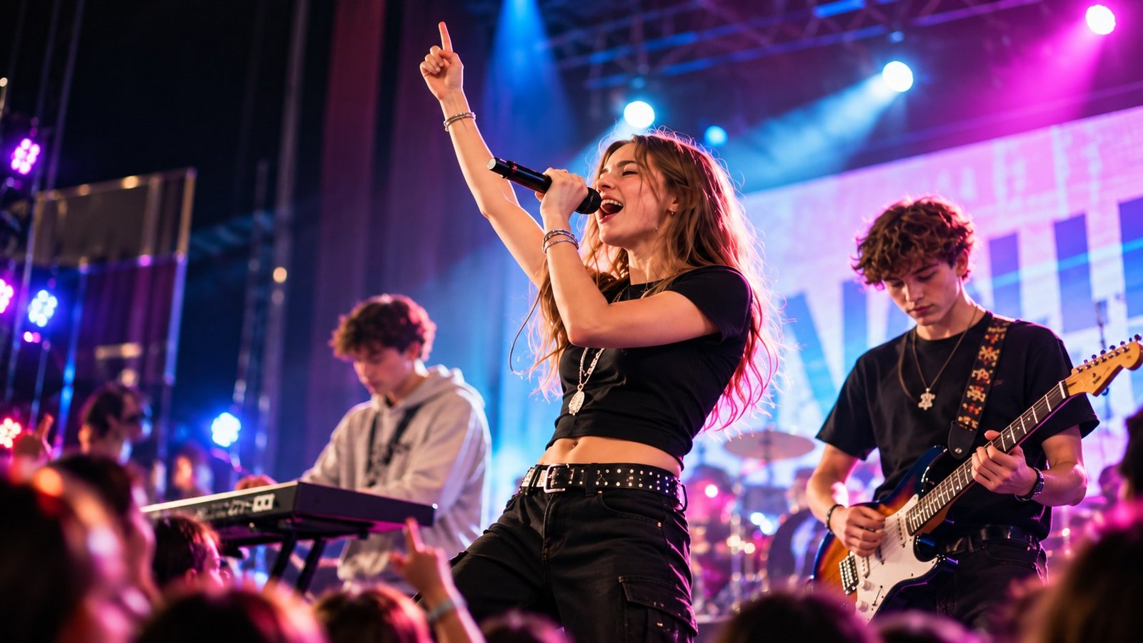 Secondary-age pupils performing live together under vivid stage lighting during a school music contest-style event.